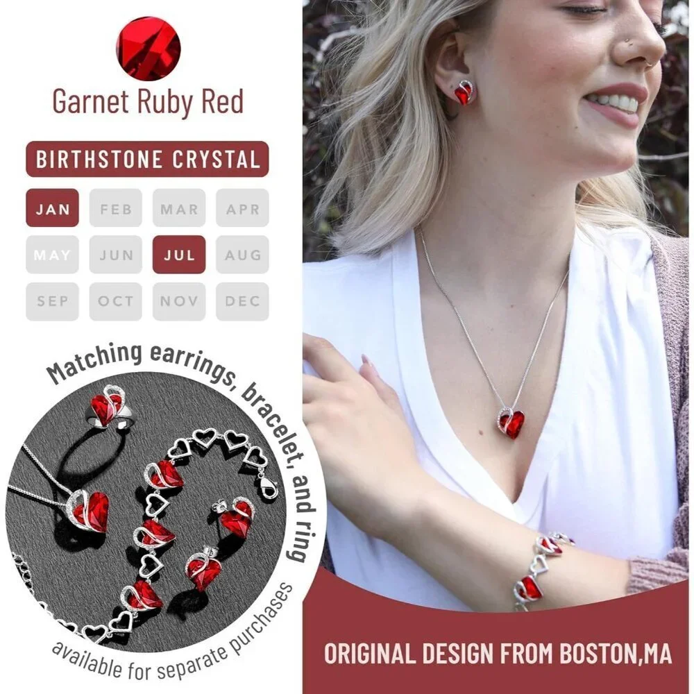 Infinity Love Birthstone Heart Pendant Ruby Red Necklace Women Mom Wife Silver